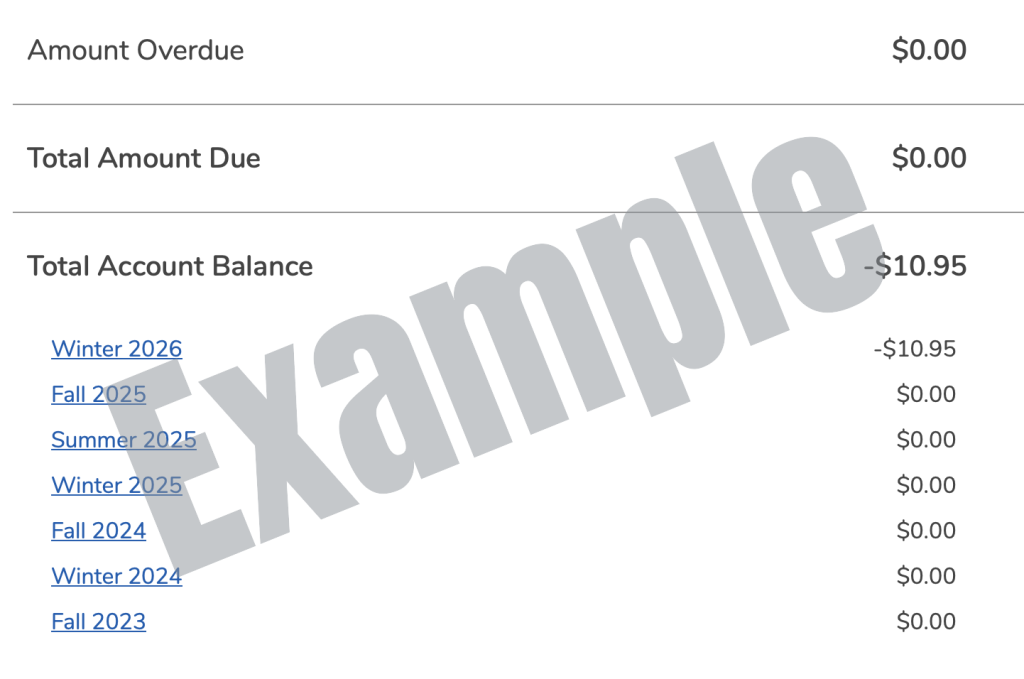 Computer screen with the heading "Total Account Balance" underneath is the listed semesters starting from "Winter 2026" to "Fall 2023". These links will redirect to the page on Webadvisor where students can see their fees for the semester.